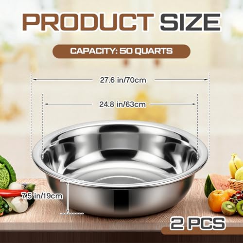 Lounsweer 2 Pack 50 Quart Stainless Steel Large Mixing Bowl 27.5" Silver 304 Stainless Steel Extra Large Capacity Stackable Mixing Bowl for Commercial Kitchens/large Families/school Cafeteria
