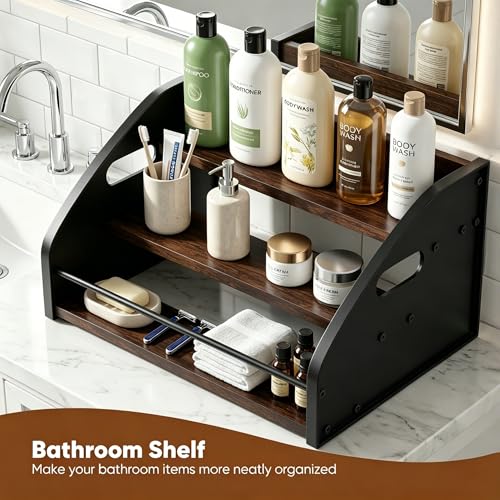 3-Tier Coffee Syrup Rack with Easy-Carry Handles | Retro Large Countertop Bottle Organizer Shelf |15 Syrup Bottles Holder | Sturdy Freestanding Bar Stand for Coffee, Whiskey & Spirits - color: 3-tier Brown
