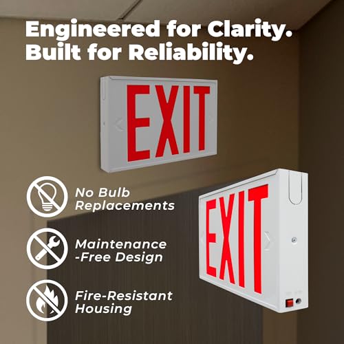 LFI Lights | NYC Approved Red Exit Sign | White Steel Housing | All LED | 8" Lettering | Hardwired with Battery Backup | UL Listed | NYCS-R