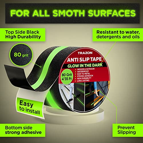 Grip Tape - Heavy Duty Anti Slip Tape for Stairs Outdoor/Indoor Waterproof Safety Non Skid Roll for Stair Steps Traction Tread Staircase Grips (2 Inch x 35 Feet, Black with Glow in The Dark Strips) - color: Black with Glow in the Dark Strips, size: 2 Inch