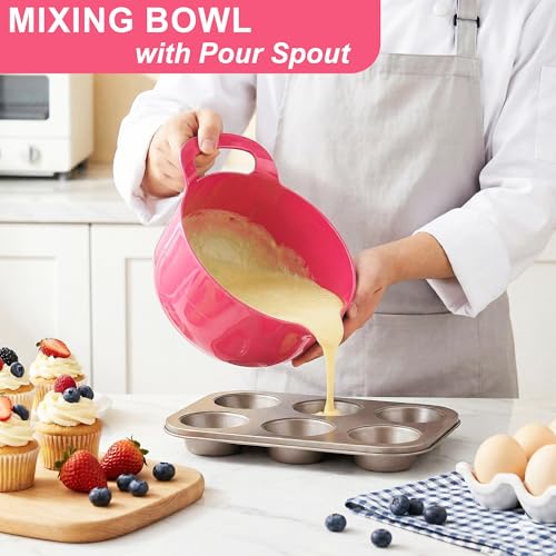 BoxedHome 4 Pack Nesting Mixing Bowl with Pour Spout and Handle, BPA free Microwave & Dishwasher Safe(Pink Gradient, 4 Pack with Handle) - color: Pink Gradient