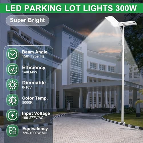 300W LED Parking Lot Light, 5000K 42000LM(140lm/w) LED Shoebox Area Light - Slip Fitter Mount, Dimmable Commercial Street Lighting, IP65 Surge Protection Built-in, AC100-277V - color: Slip Fitter Mount, size: 300W(100-277V)