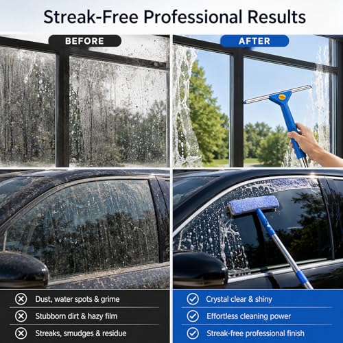 Window Cleaning Kit with Extendable Long Handle, Professional Window Squeegee & Window Washer Tool Set for Indoor Outdoor High Windows, Glass, RV & Shower Doors