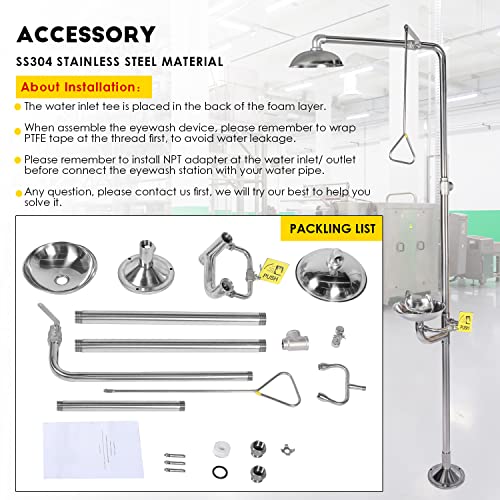 CGOLDENWALL Emergency Shower Eyewash Station Combination Eye Wash Station with Shower Safety Shower Eye&Face Washing Unit, 304 Stainless Steel, with Eyewash Sign, NPT thread
