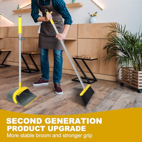 Broom and Dustpan Set with 54 Inch Long Handle - Perfect Dust Pan and Brush Combo for Home Efficient Cleaning (Yellow and Grey) - color: Yellow and Grey