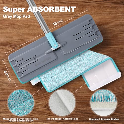 JOYMOOP Flat Mop, Microfiber Floor Cleaner with 60" Long Handle and Flexible 13" Head, Grey & Cyan Blue - color: L