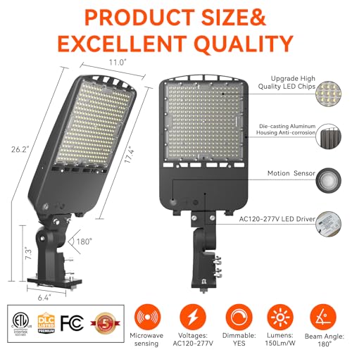 OKQ 200W LED Parking Lot Light, 30,000LM (150LM/W) 5000K Daylight, Dusk to Dawn Outdoor Commercial Pole Light with Photocell, Slip Fitter & Arm Mount, IP65 Waterproof Street Lighting, UL Liste - size: 200W-1PACK