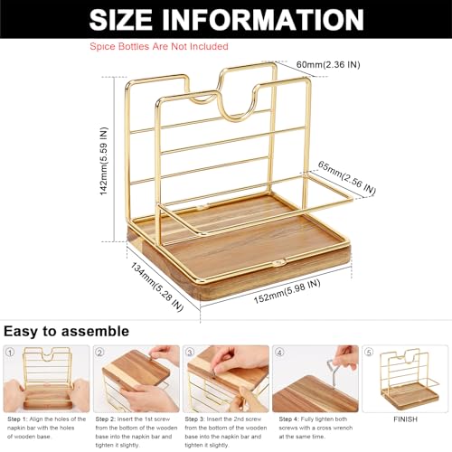 Livabber Napkin Holder, Metal Napkin Storage with Salt and Pepper Shakers Caddy Modern Napkin Dispenser for Table Kitchen Countertop, Not Including Salt and Pepper Shakers (Middle Wooden, Gold) - color: Gold, size: Middle Wooden