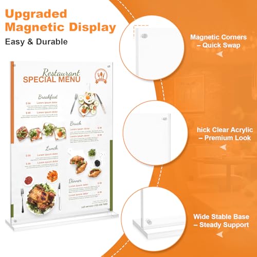 11x17 Acrylic Sign Holder Table Top with Magnetic Corners, 2-Pack – Quick Change Display Stand for Menus, Posters and Ads, Restaurant, Office, Events, Retail, Large Size
