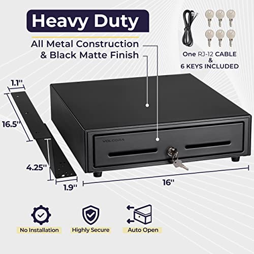 Volcora Cash Register Drawer with Under Counter Mounting Bracket - 16" Black Drawer for POS, 5 Bill 8 Coin Compartment, Fully Removable 2 Tier Cash Tray, 12-24V RJ11/RJ12 Key-Lock, Double Media Slot - color: Black, size: 16" - 5 Bill 8 Coin with Bracket