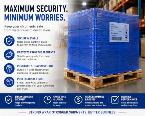 18" Stretch Wrap Film, 1500 ft, 80 Gauge (20 Micron), 7-Layer Clear Pallet Wrap, Up to 80% Stretch, Self-Adhering Heavy-Duty Moving & Packing Film, 6 Rolls (Blue, 18 inch x 1500 feet) - color: Blue, size: 18 in x 1500 ft - 6 Rolls
