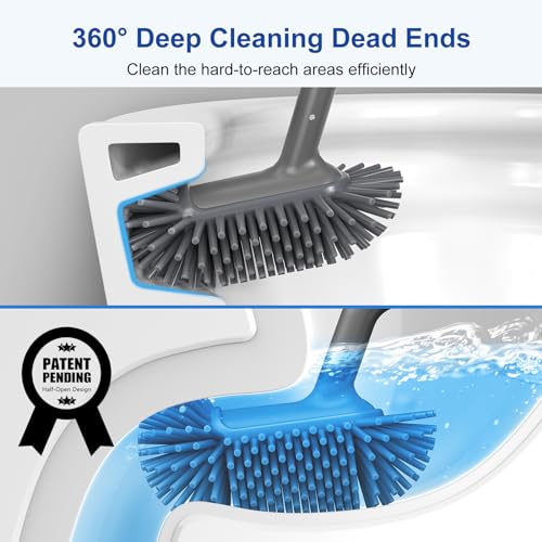 HAMITOR Toilet Bowl Brush Holder Set: Deep Cleaning Silicone Toilet Cleaner Scrubber Under Rim with Curved Bristle for Bathroom Dead Corner Clean - Modern Rv Toilet Decorative Accessories - Gray - color: Gray, size: 1Pack