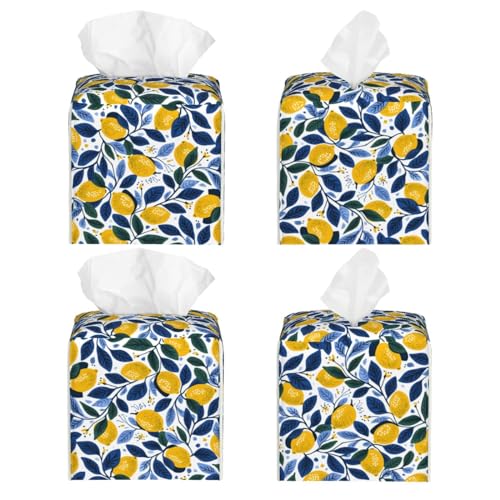 Tissue Box Cover Summer Lemon Leaves Square PU Leather Tissue Box Holder for Car Bathroom Bedroom Desk Tabletop Decor - color: Summer Lemon Leaves