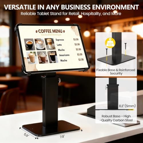 Adjustable Height Rotating Tablet Stand with Anti-Theft Lock, 360°Swivel & Tilt Aluminum & Carbon Steel Holder for 9.7-13 inch Tablets, for Desk, Office, Retail, Education(Black)