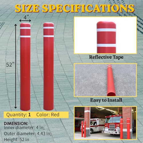 Durable Bollard Cover - Heavy Duty Waterproof Weather Resistant,High Visibility Bollard Post Sleeve with Reflective Tape for Indoor/Outdoor Parking Lot, Warehouse,Walkways(4" Dia X 52" H, Red) - color: Red, size: 4" X 52"