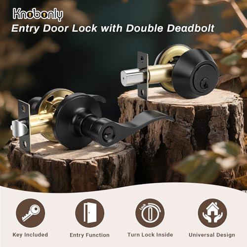 Knobonly 2 Set Entry Door Lever and Deadbolt Lock Set, Deadbolts Keyed Both Sides, All Keyed Same, Wave Style Front and Exterior Door Handleset with Double Cylinder, Matte Black Finish - color: Matte Black, size: 2 Pack, style: Double Cylinder