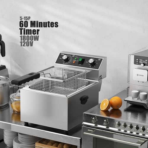 VIKEER Electric Deep fryer Stainless Steel Deep Fryer with Basket & Lid Capacity 10L(10.5QT) Electric Countertop Fryers for Home Kitchen and Restaurant with 60 Minute Timer, 1800 Watts, 120V