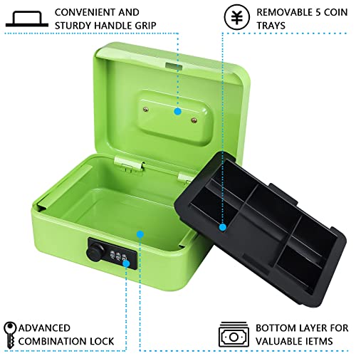 KYODOLED Cash Box with Combination Lock,Safe Metal Box for Money,Storage Lock Box with Money Tray,7.87"x 6.30"x 3.54" Limegreen Medium - color: Limegreen (Pack of 1), size: Medium