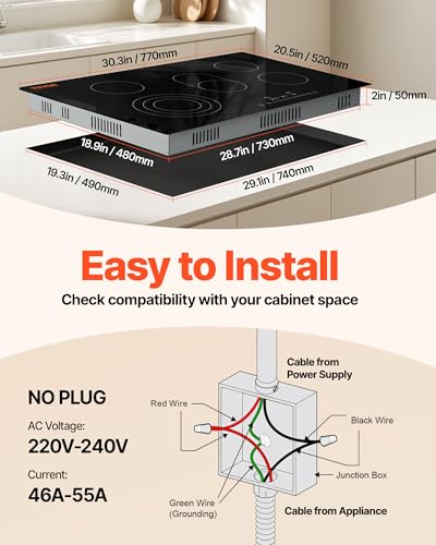 VEVOR Built in Electric Stove Top, 30 inch 5 Burners Ceramic Cooktop, 240V Glass Radiant Cooktop with Sensor Touch Control, Timer & Child Lock Included, 9 Power Levels for Simmer Steam Slow Cook Fry - size: 30 IN-5 Burner+Touch Control