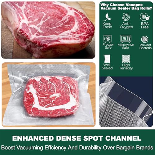 Vacuum Sealer Bags Rolls for Food, VACAPEX 6 Rolls for Custom Fit Food Storage, Meal Prep or Sous Vide, 8" x 20' (3 Rolls) and 11"x 20' (3 Rolls) Commercial Grade Vacuum Seal Freezer Bags Rolls