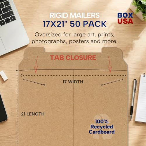 Box USA Rigid Mailers 17" x 21" (50-Pack) - Kraft Mailer Envelopes for Large Artwork, Posters, Blueprints - Stay Flat - size: 17" x 21" (50-Pack)