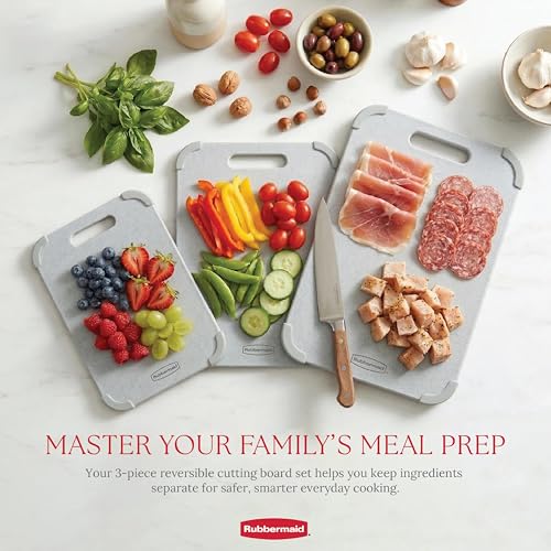 Rubbermaid 3pc Reversible Wheat Fiber Cutting Board Set | BPA Free Non Toxic Cutting Boards for Kitchen – Dishwasher Safe, Non-Slip Corners & Lightweight | For Meat, Veggies & Fruits - color: Light Gray