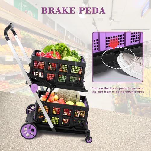 Collapsible Shopping Cart on Wheels, Folding Shopping Cart with 360° Swivel Wheels, Multi Use Utility Cart Adjustable Portable Trolley with 2 Storage Crate, Used for Picnic, Supermarket, Purple - color: Purple