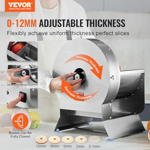 VEVOR Electric Vegetable Slicer, 0-0.5"/0-12mm Thickness Adjustable Commercial Slicer Machine, Convertible to Manual, Stainless Steel Food Cutter Slicing Machine, Large Feed Port for Potato, Tomato - size: Electric-Vegetable-Large-Stainless Steel