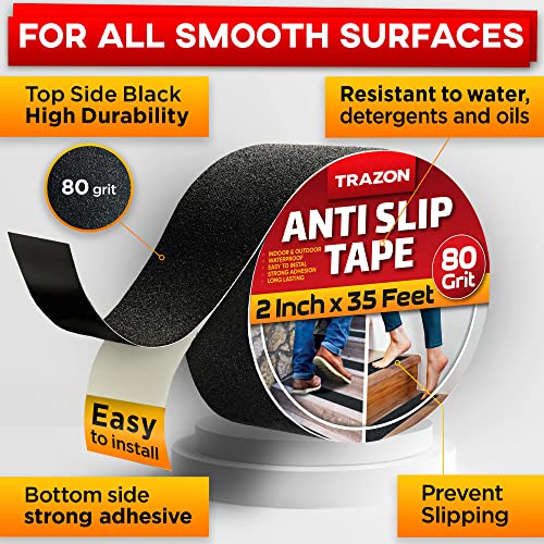 Grip Tape - Heavy Duty Anti Slip Tape for Stairs Outdoor/Indoor Waterproof 2Inch x 35Ft Safety Non Skid Roll for Stair Steps Traction Tread Staircases Grips Adhesive Non Slip Strips Nonslip Walk Black - color: Black, size: 2 Inch x 35 Feet