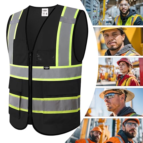 JKSafety Safety Vest for men women Hi Vis Vest with Pockets and Zipper High Visibility Reflective Vests BX320 - color: Black, size: X-Large