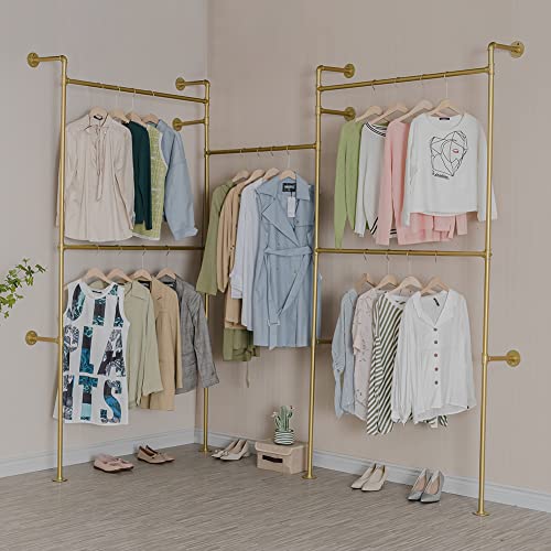 Industrial Pipe Clothing Rack Wall Mounted 5 Hanging Rods Garment Bar, Heavy Duty Closet Storage Rod Vintage Commercial Clothes Racks for Hallway Retail Boutique (Gold) - style: 5-Hanging Gold