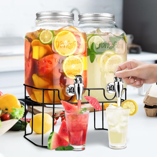 1 Gallon Glass Drink Dispensers For Parties,Lemonade Beverage Dispenser With Stand And Spigot For BBQ, Picnic, Party,Laundry Detergent Dispenser - size: 1 Gallon Double With Stand