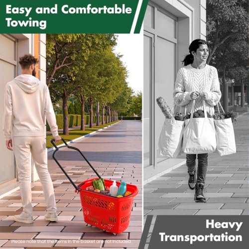6PCS Shopping Basket 35L Portable Plastic Rolling Shopping Cart with Wheels - color: Red