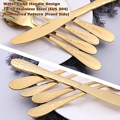 20 Piece Silverware Set for 4, Hammered Silverware Set 18/10 Stainless Steel Tableware Cutlery Flatware Spoons and Forks Set for Home Kitchen Restaurant, Unique Utensils Set Dishwasher Safe (Gold) - color: Gold