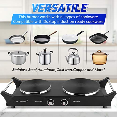 Techwood 1800W Hot Plate Portable Electric Stove Countertop Double Burner with Adjustable Temperature & Stay Cool Handles, 7.5” Cooktop for RV/Home/Camp, Compatible for All Cookwares - color: Black, size: Double Burner