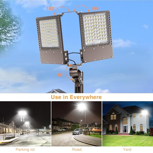2025 New Upgraded 300W Dusk to Dawn LED Parking Lot Light 45000lm 5000K, ETL, IP67 Waterproof Adjustable 3-Head Street Lights Outdoor, Pole & Wall-Mounted Security Flood Lights for Yard - size: 2-Head 300W