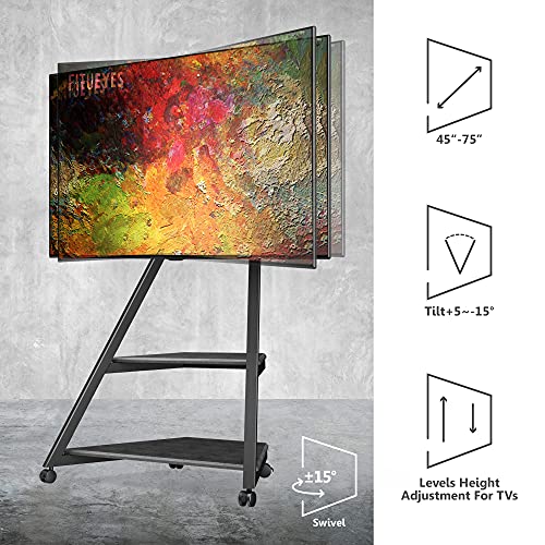 FITUEYES Corner TV Stand for 43-75" TVs with Wooden Storage Shelves, Black