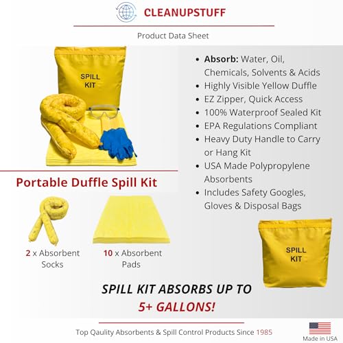 Spill Kit - Hazmat Absorbents - Portable Bag Spill Kit - Spill Pads & Absorbent Socks for Water, Oil Spill Clean Up & More - Absorb 5 Gallons of Any Fluid (Made in USA)