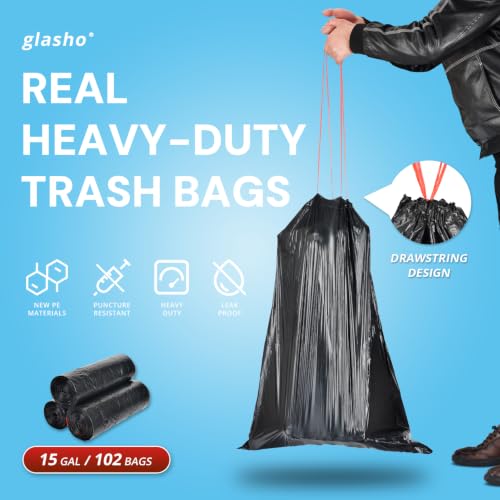 15 Gallon Drawstring Trash Bags, 102 Count, Black - size: 1 Count (Pack of 102)