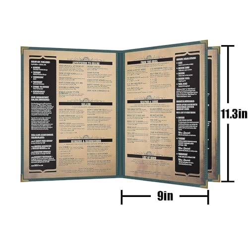 Goodsmart Pajco Style Restaurant Menu Covers – Pack of 10, Side-Loading Menu Holders, Single Stitched Edge, Clear Vinyl Menu Sleeves, Leatherette Trim, Gold Corners, Green, 4 View (8.5" x 11") - color: Green, size: 4 View - 8.5" x 11"