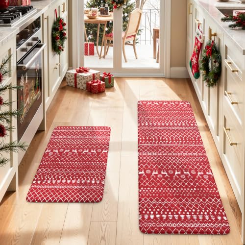 KIMODE Christmas Kitchen Rugs Sets of 2,Anti Fatigue Mats for Kitchen Floor - color: Christmas/Red, size: 17.3" x 47 "+ 17.3" x 29 "--0.47 inches