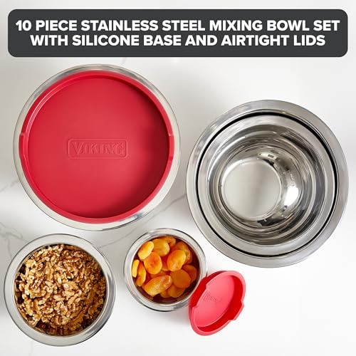 Viking Mixing Bowls Set, 10 Piece Stainless Steel Kitchen Cookware, Non-Slip Silicone Base, Includes Tight Fit Lids, Dishwasher Safe, Red - color: Red