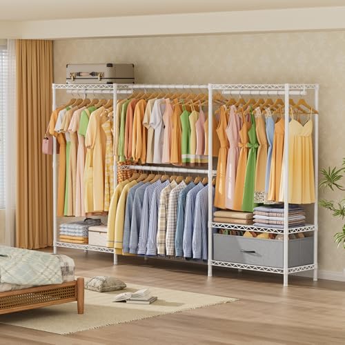 Golpart Heavy Duty Clothing Rack with Adjustable Shelves Clothes Wardrobe - color: White, size: 15"DX(70-88)"WX74.5"H