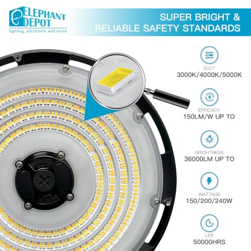 Integrated UFO Led High Bay Light with Motion Sensor, 240W, 36000LM, 0-10V Dimmable, 120-277V Hardwired Industrial and Commercial High Bay Led Shop Lights, UL&DLC - size: 240W-1PK