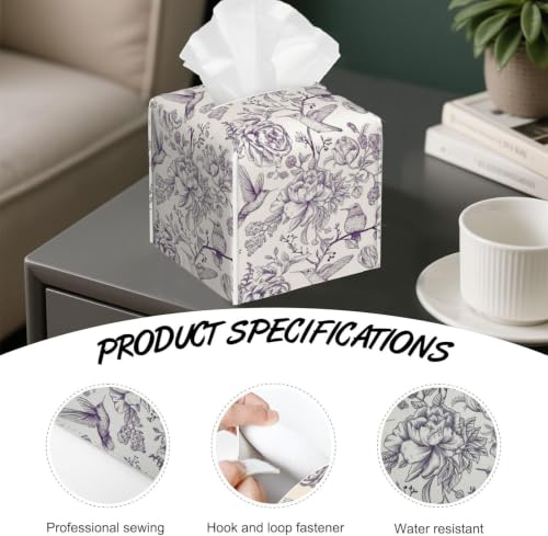 Vintage Flowers Tissue Box Cover,Birds PU Leather Tissue Box Holder Square,Modern Home Decoration for Bathroom Living Room Kitchen Office Car,5.2"×5.2"×5.2" - color: Vintage White Purple Flowers