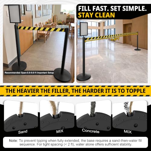 4-Pack Black Stainless Steel Crowd Control Stanchions, 9.8 ft Retractable Black and Yellow Stripe Safety Belts with 1 Sign Holder(Black and Yellow Stripe Belt) - color: Black stanchions w Black and Yellow Stripe Belt, size: 4 pcs