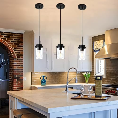 MELUCEE 3 Pack Hanging Pendant Lighting Fixtures Black with Clear Glass - color: Black, size: 1 Light-3 Packs Round