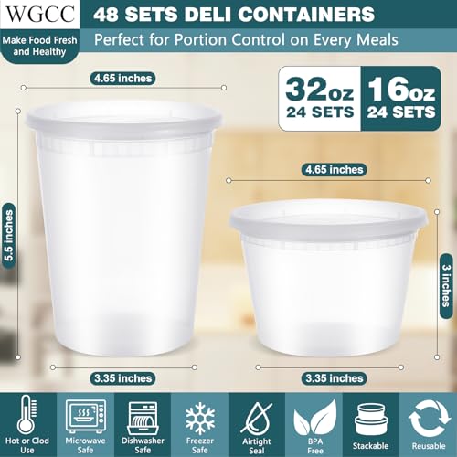 Deli Containers with Lids 48 Sets- Disposable Soup Containers with Lids 16oz, 32oz - Food Containers with Leakproof, BPA Free/Microwave/Freezer/Dishwasher Safe - size: 16/32oz-48pc