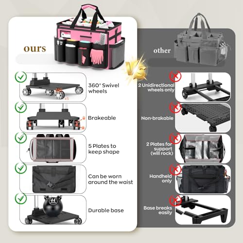 Cleaning Caddy with Wheels - Rolling Cleaning Caddy Bag with Detachable Trolley, Cleaning Caddy for Cleaning Supplies, Cleaning Bag for Housekeeping, Pink - color: Pink