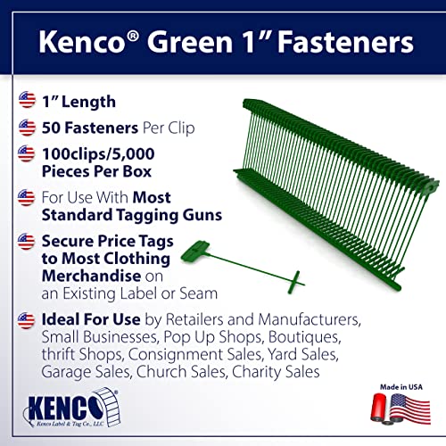 Kenco 1 Inch Standard Tagging Attachments, 1-in Fasteners for Tagging Retail, Consignment and Manufacturing - 5,000 Pieces Per Box 50 per Clip (10 Boxes 50,000 Fasteners, Green) - color: Green, size: 10 Boxes 50,000 Fasteners